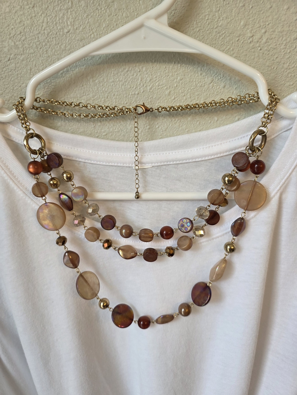 Layered Brown Bead Statement Necklace - Gold Chain #47